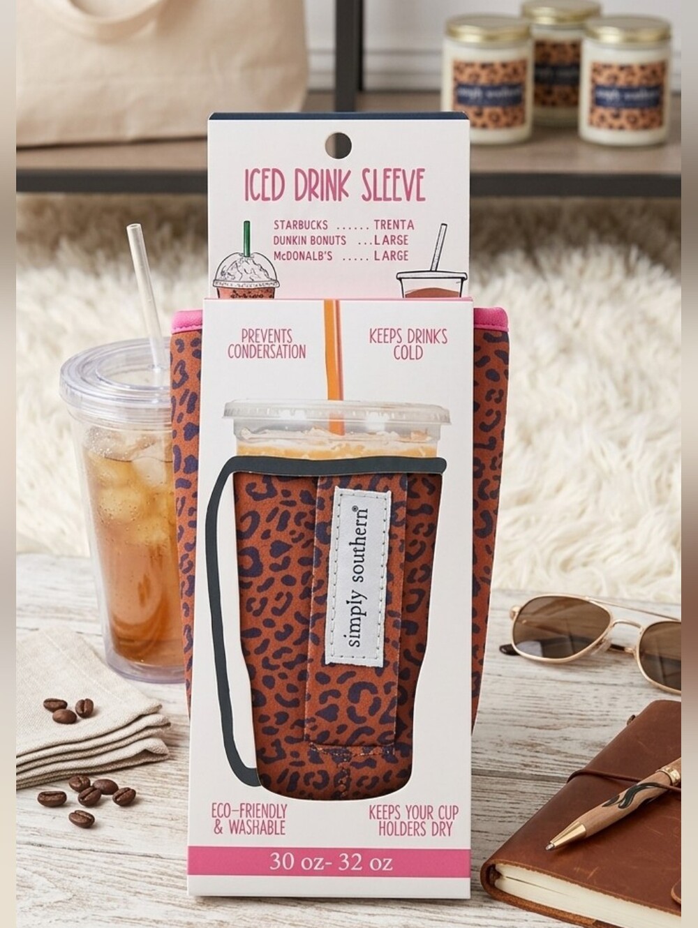 Simply Southern Brown Leopard Iced Drink Sleeve with Pink Trim